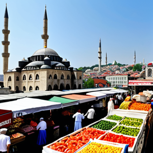 Home 11 A bustling *semt pazarı* (local market) in Istanbul. Focus on the vibrant colors of fresh produce, textiles, and happy interactions between vendors and customers. Include recognizable Turkish food items like *simit*, *peynir*, and *zeytin*. Show the market happening on a sunny day with iconic Istanbul architecture in the background (perhaps a mosque minaret or a glimpse of the Bosphorus).