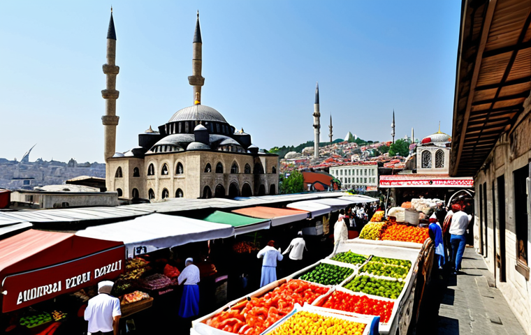 A bustling *semt pazarı* (local market) in Istanbul. Focus on the vibrant colors of fresh produce, textiles, and happy interactions between vendors and customers. Include recognizable Turkish food items like *simit*, *peynir*, and *zeytin*. Show the market happening on a sunny day with iconic Istanbul architecture in the background (perhaps a mosque minaret or a glimpse of the Bosphorus).